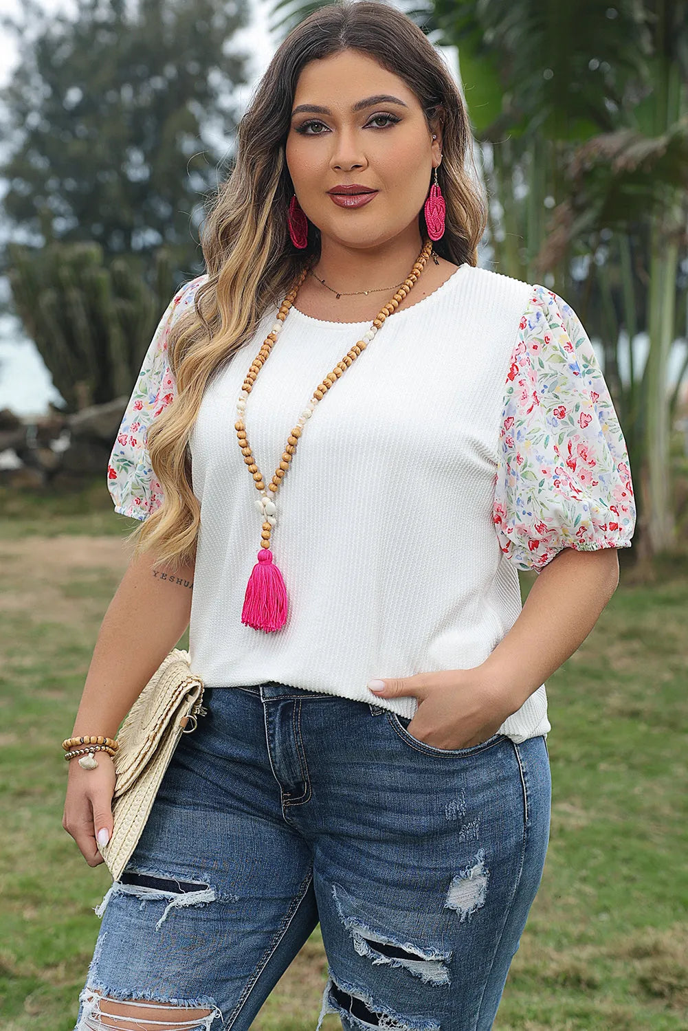 White Contrast Floral Puff Sleeve Ribbed Knit Plus Size Blouse - Chic Meadow Boutique 