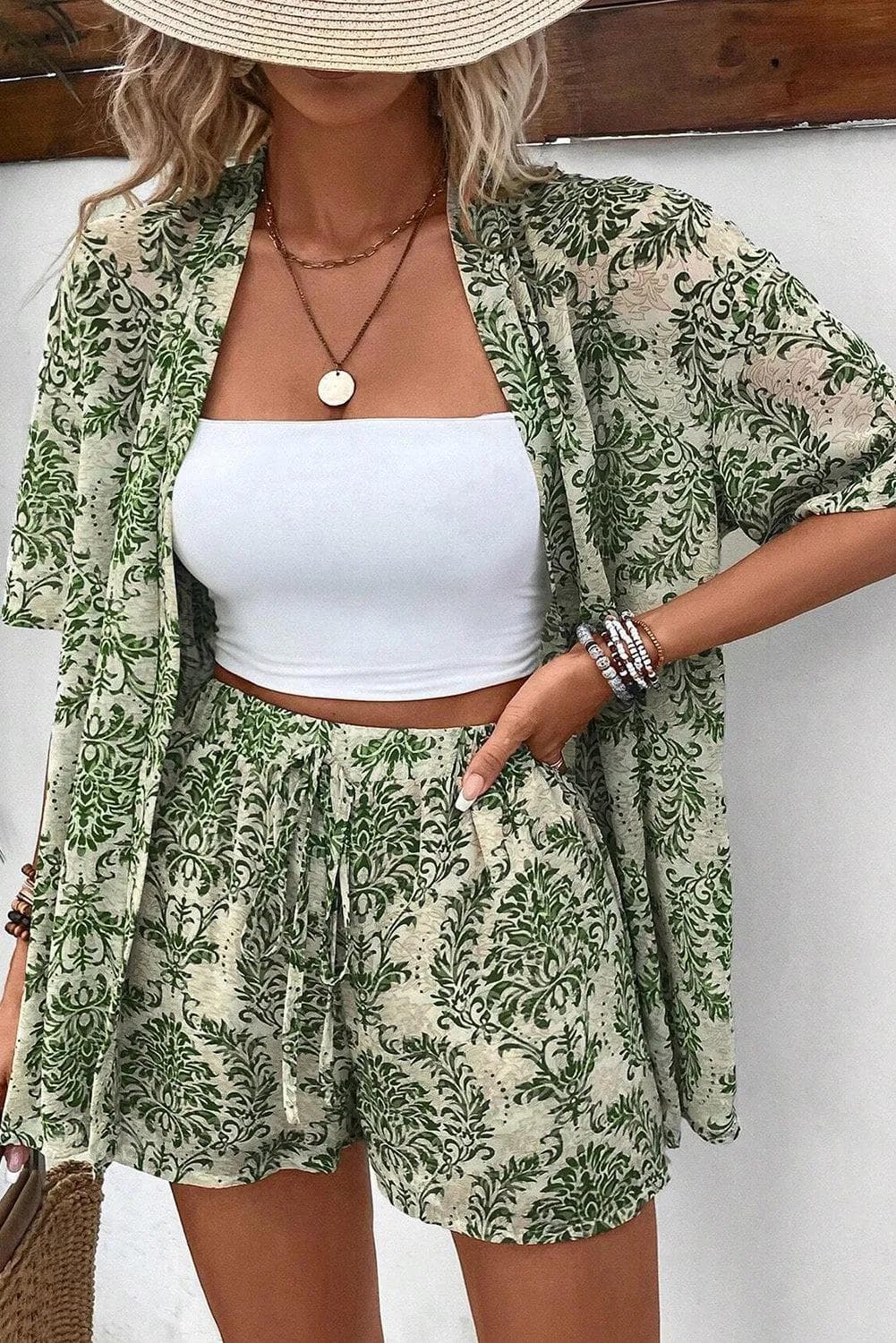 Two Piece Sets/Short Sets Green Vintage Floral Print Open Top and Shorts Outfit