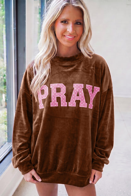 Coffee PRAY Embroidery Velvet Long Sleeve Sweatshirt