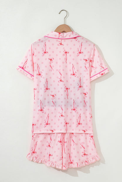 Pink Bow Print Contrast Pipping Short Pajamas Set
