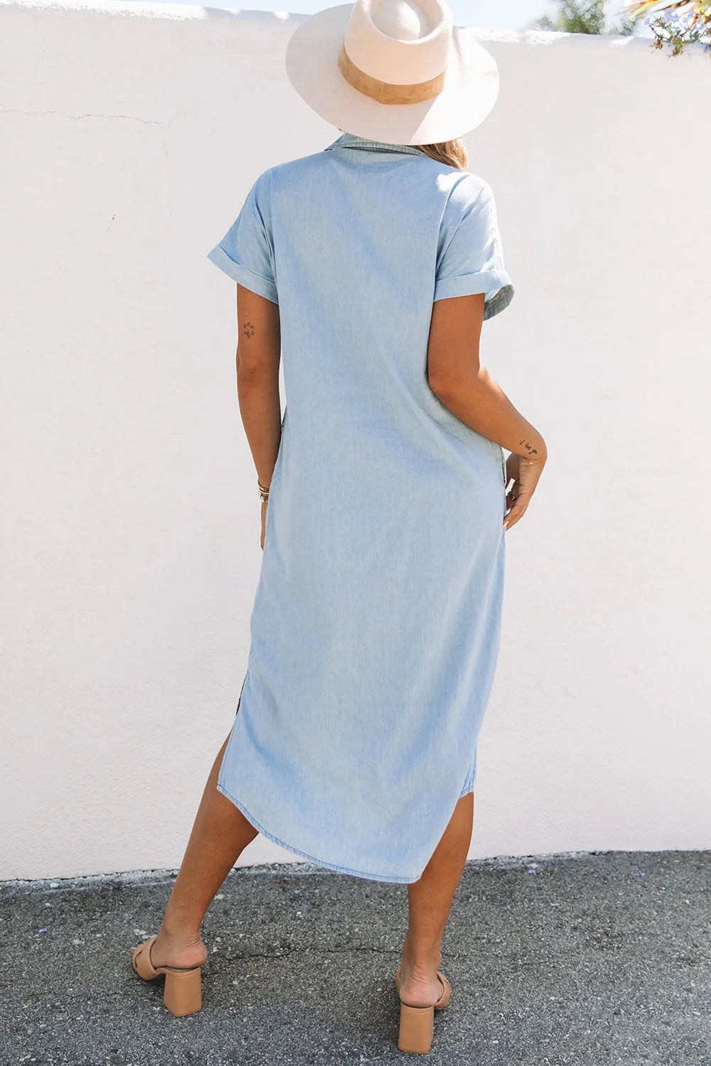 Sky Blue Chambray Shirt Short Sleeves Midi Dress - Chic Meadow Boutique 