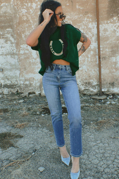 Blackish Green Horseshoe Graphic Western Short Sleeve Sweater