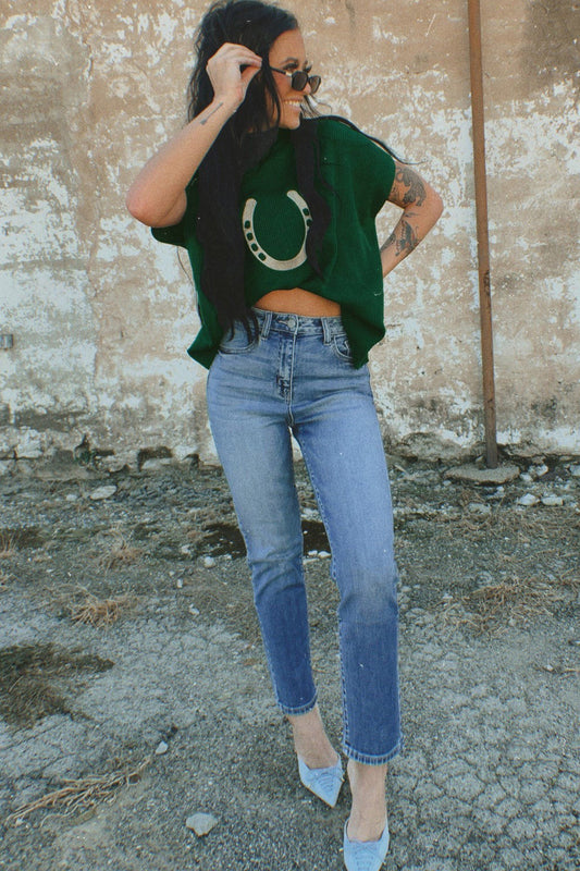 Blackish Green Horseshoe Graphic Western Short Sleeve Sweater