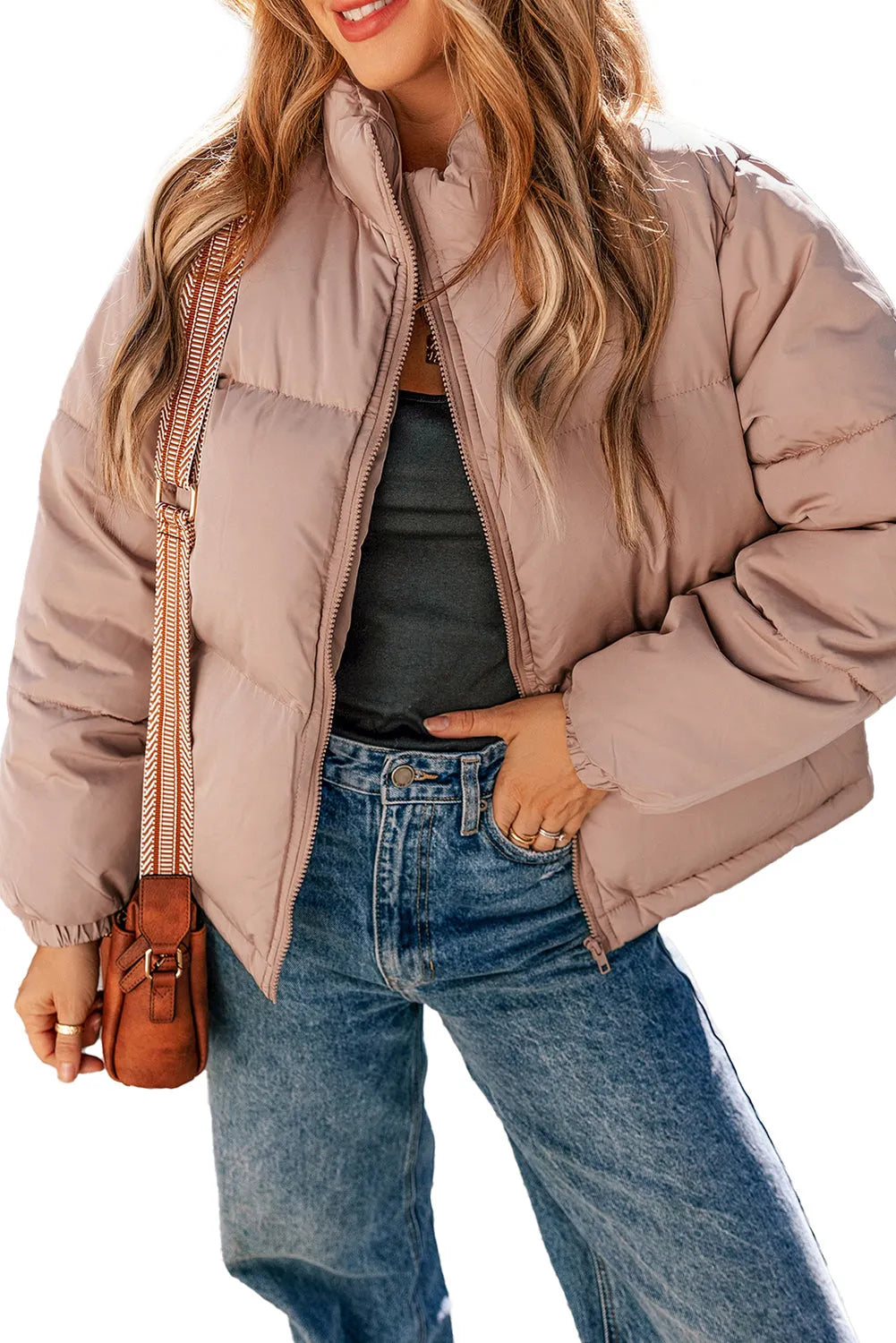 Apricot Pink Full Zipper Quilted Puffer Jacket - Chic Meadow Boutique 