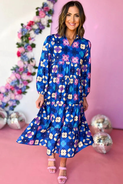 Blue Floral Peasant Sleeve Tiered Ruffle Midi Dress - Chic Meadow Boutique 