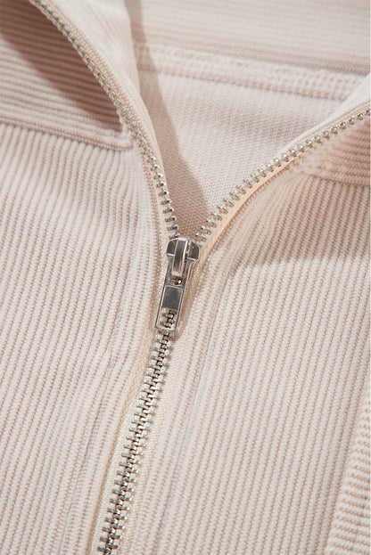 White Corduroy Drawstring Hooded Pocket Zip Up Jacket - Chic Meadow Boutique 