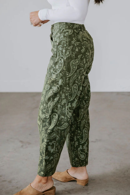 Green Paisley Print Harem Denim Pants