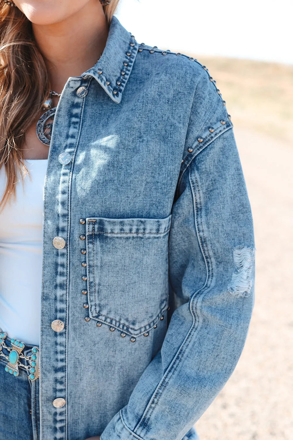 Sky Blue Studded Acid Wash Denim Jacket - Chic Meadow Boutique 