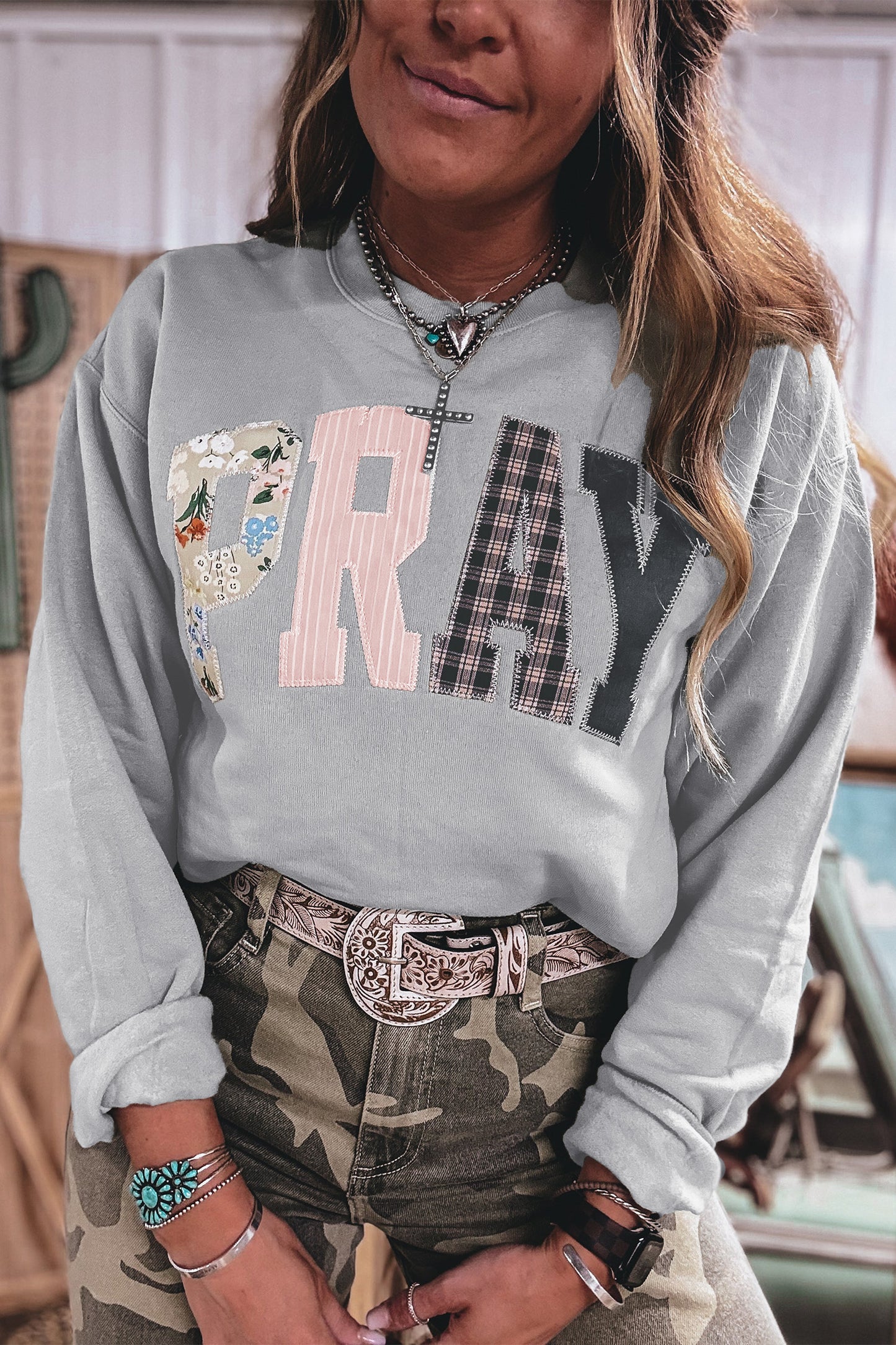 Green Bay Floral Buffalo Plaid Striped Embroidered Patch Western Pullover Sweatshirt