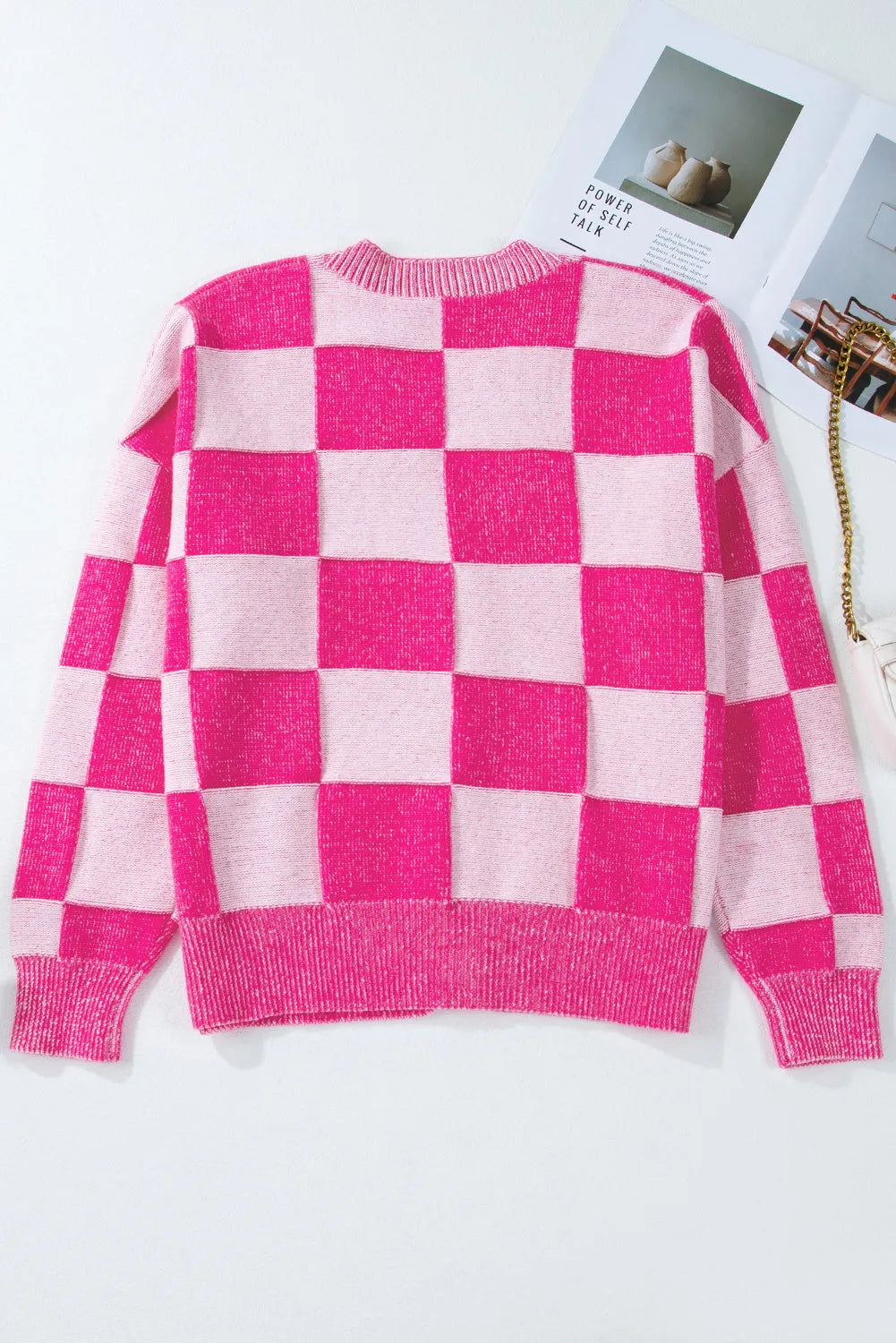 Pink Checkered Drop Shoulder Buttoned V Neck Cardigan - Chic Meadow Boutique 