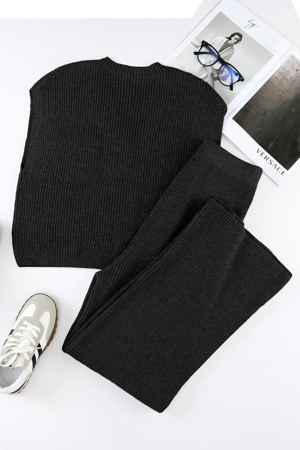 Black Knitted V Neck Sweater and Casual Pants Set - Chic Meadow Boutique 