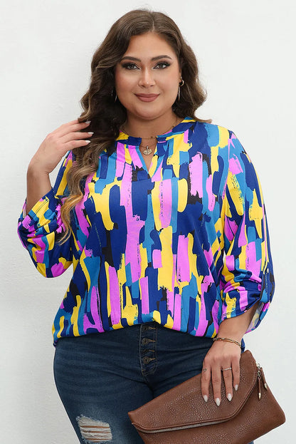 Blue Plus Size Brushstroke Print 3/4 Sleeve Blouse - Chic Meadow Boutique 