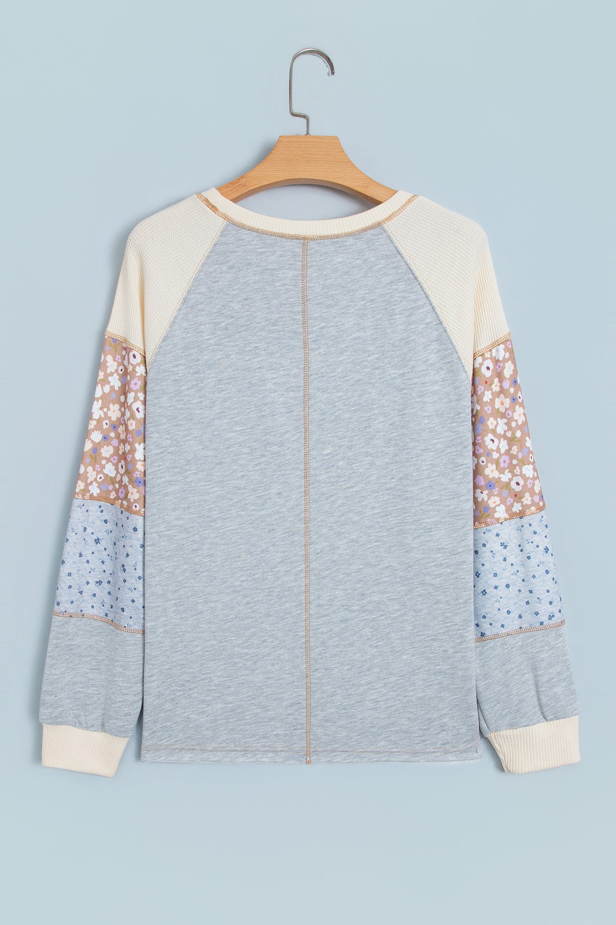 Light Grey Color Block Floral Waffle Mixed Patchwork Long Sleeve Top