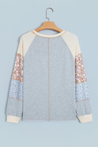 Light Grey Color Block Floral Waffle Mixed Patchwork Long Sleeve Top