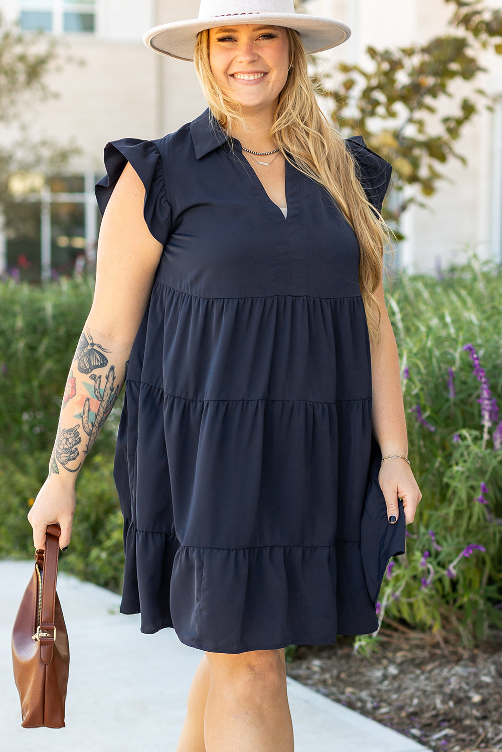 Navy Blue Collared V Neck Flutter Sleeve Tiered Plus Size Dress