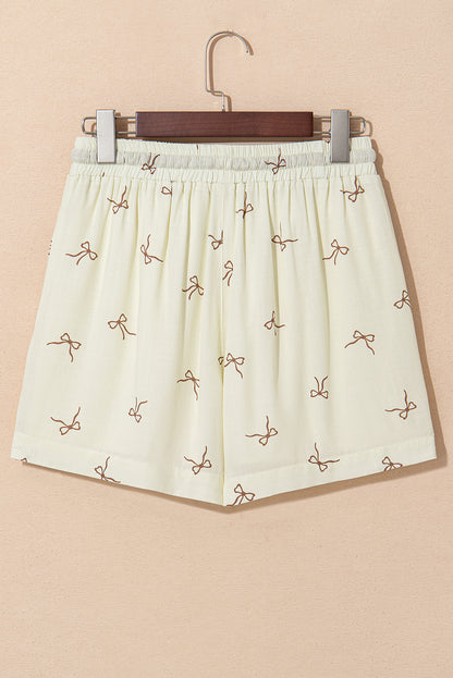 White Bow Print Lace Drawstring Casual Shorts