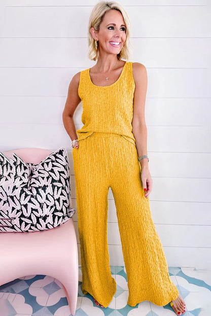 Yellow Crinkled U Neck Tank Top and Wide Leg Pants Set - Chic Meadow Boutique 