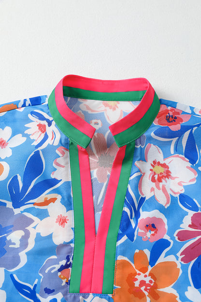 Sky Blue Floral Colorblock Edge Puff Sleeve Split Neck Blouse