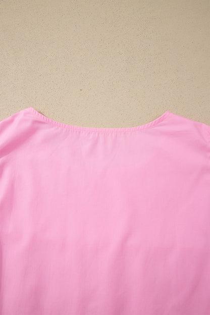 Bonbon Lace Detail Flutter Sleeve Pleated Round Neck Blouse