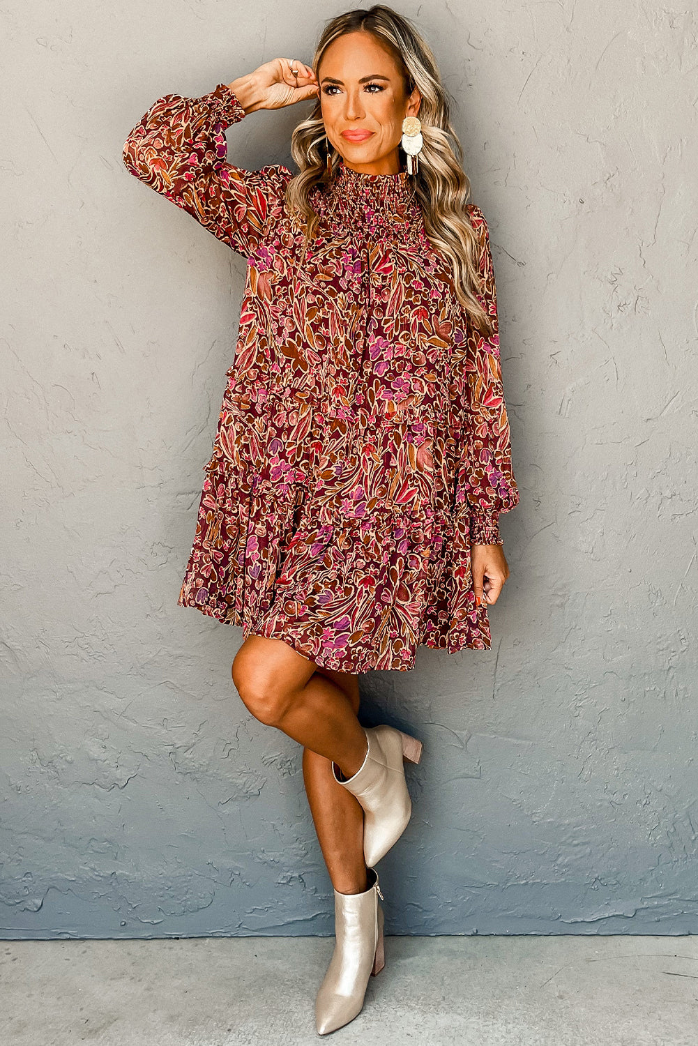 Red Floral Print Long Sleeve Shirred High Neck Loose Mini Dress