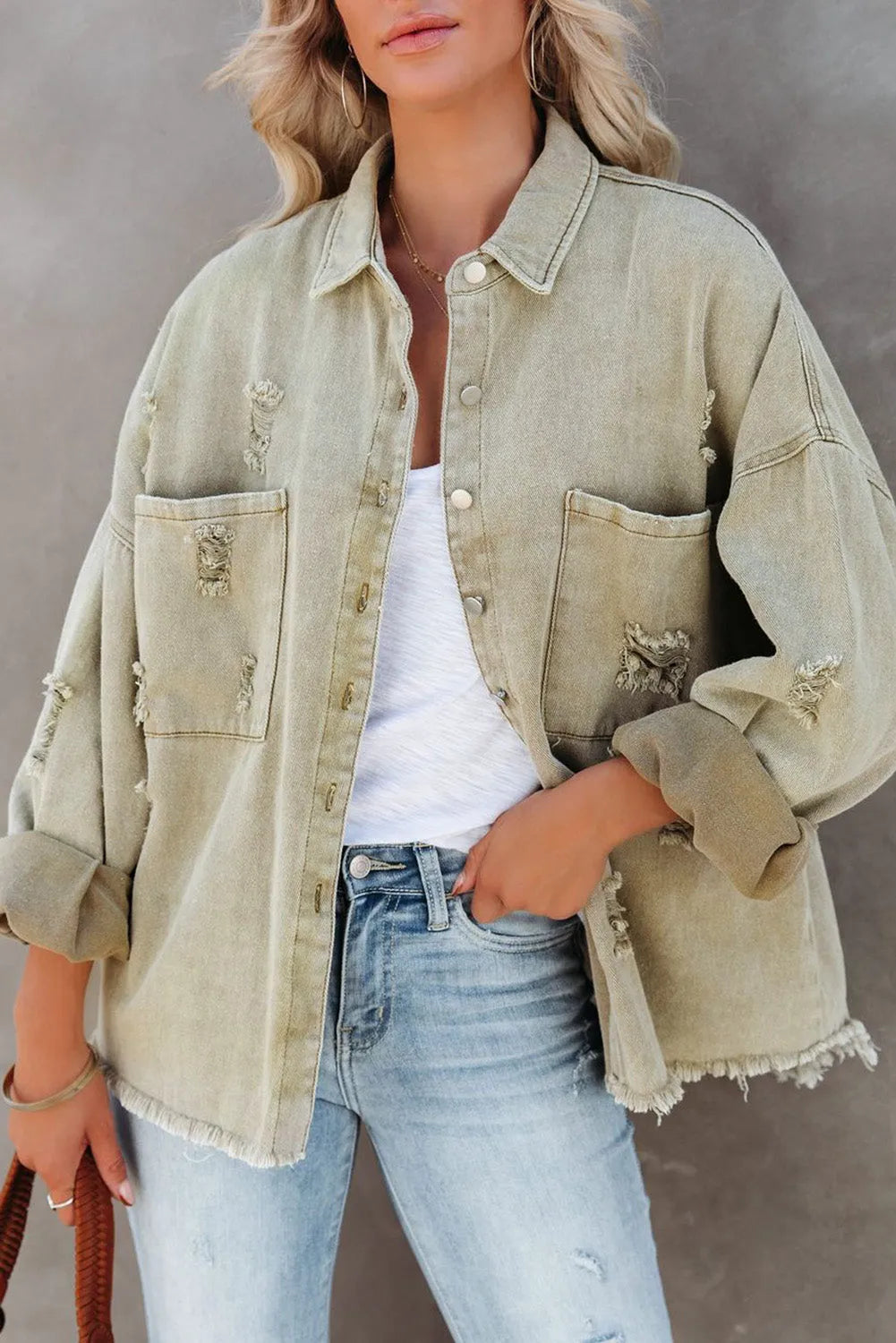 Green Distressed Fringe Trim Denim Jacket - Chic Meadow Boutique 