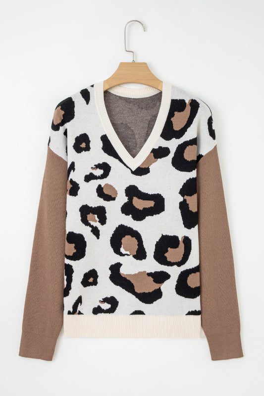Jet Stream Leopard Print Color Block Patchwork Sleeve V Neck Sweater