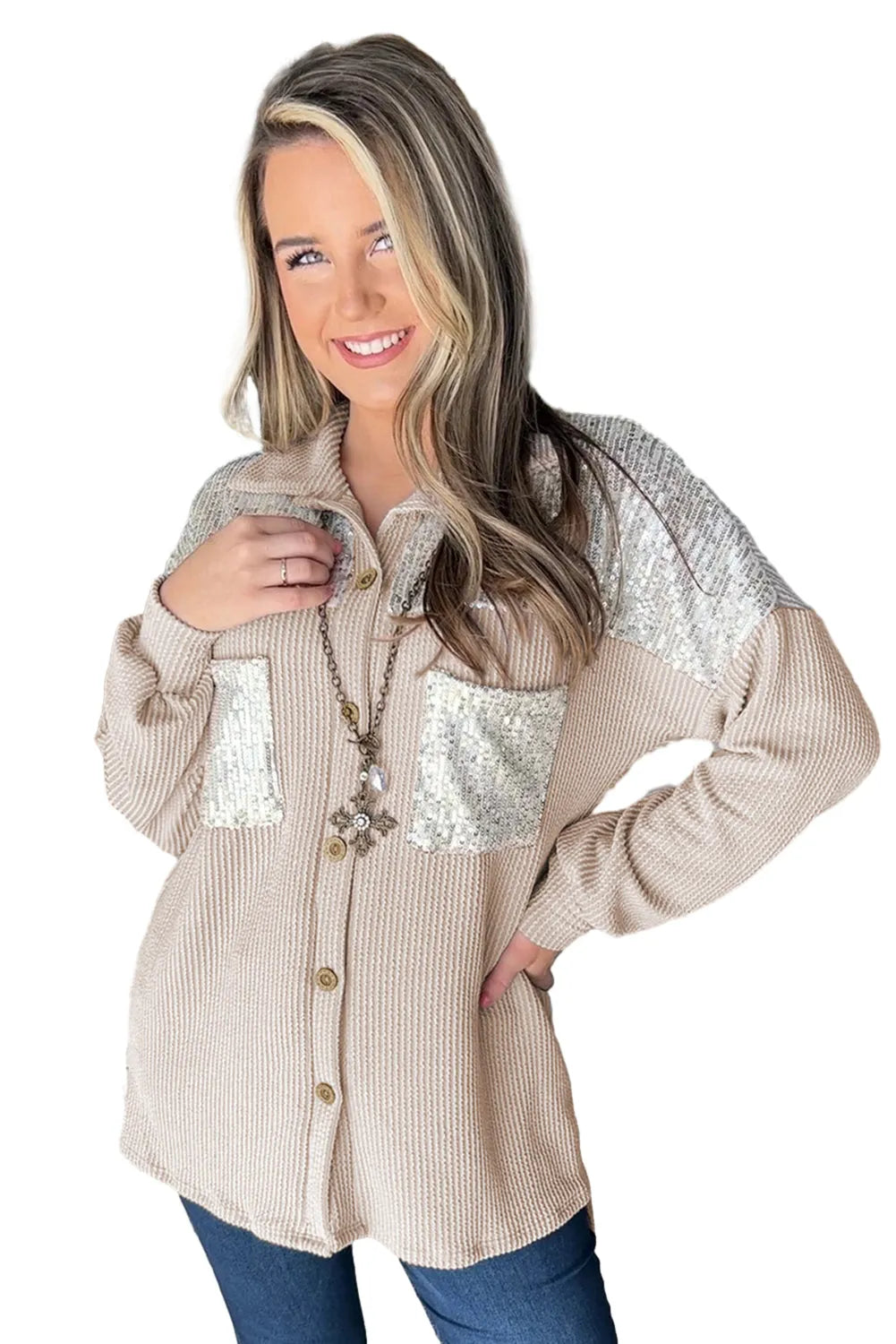 Parchment Sequin Patch Chest Pocket Corded Shacket - Chic Meadow Boutique 