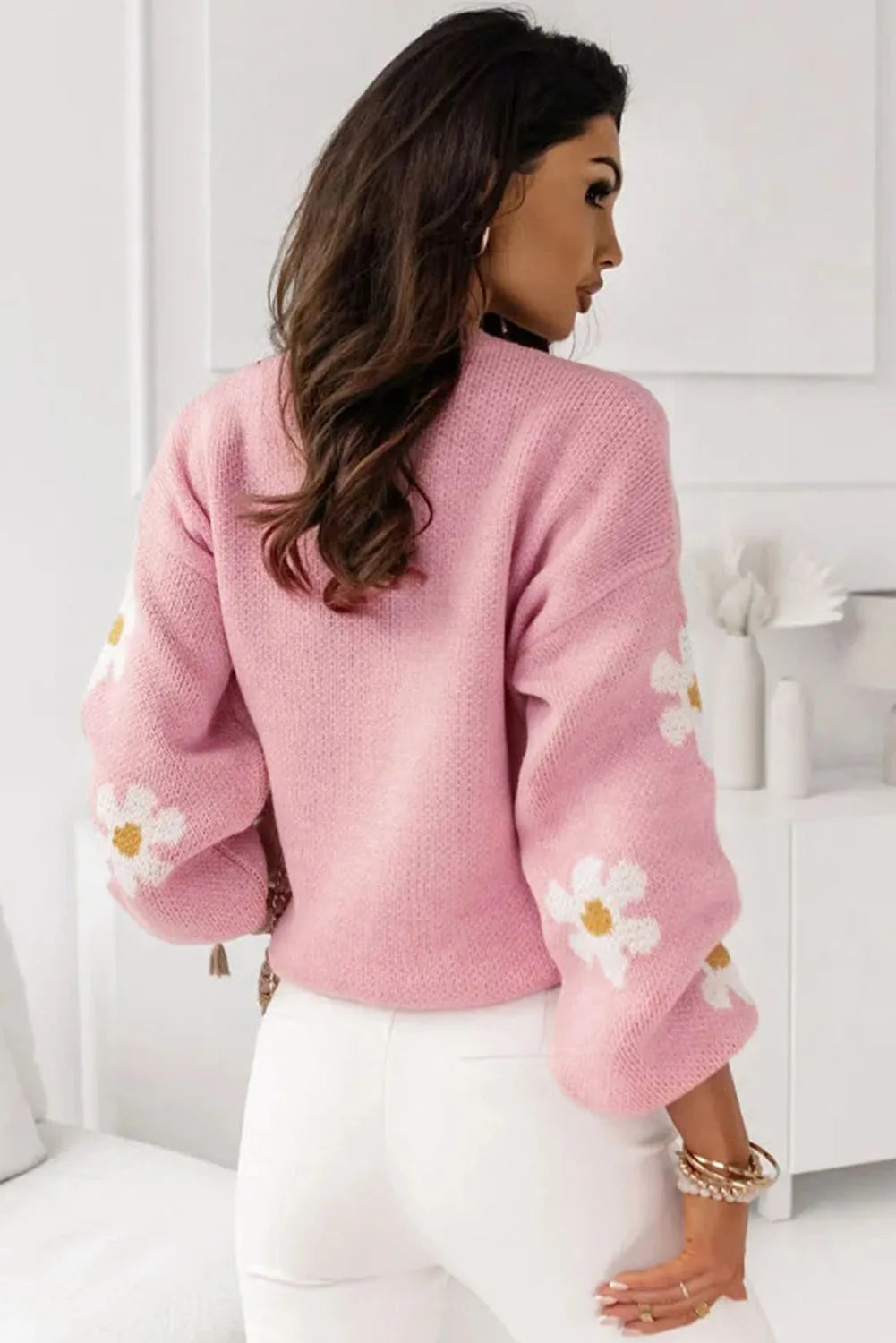 Tops/Sweaters & Cardigans Pink Floral Pattern Drop Shoulder Sweater