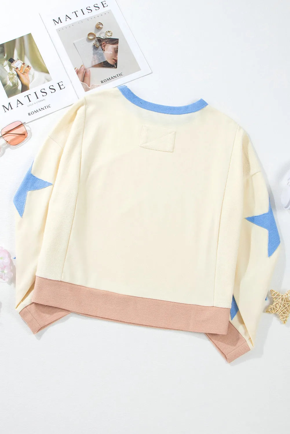 Beige Star Patchwork Exposed Seam Oversized Sweatshirt - Chic Meadow Boutique 