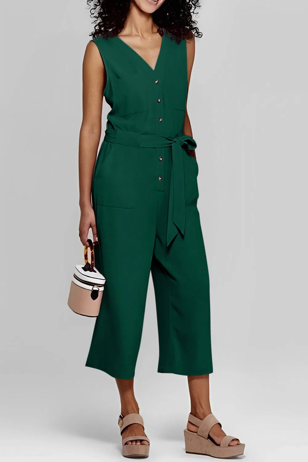 Green Buttoned Sleeveless Cropped Jumpsuit with Sash - Chic Meadow Boutique 