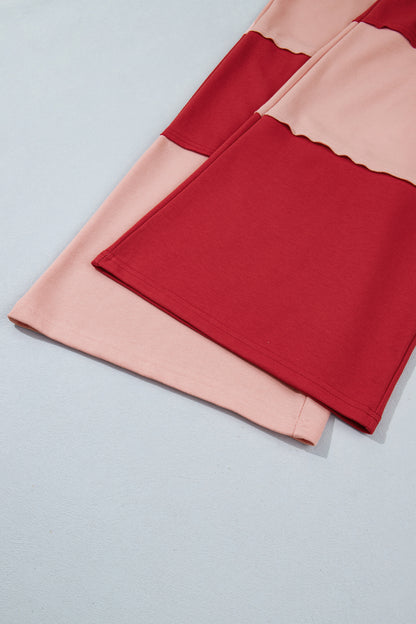 Fiery Red Raw Seam Colorblock Wide Leg Ankle Length Casual Pants