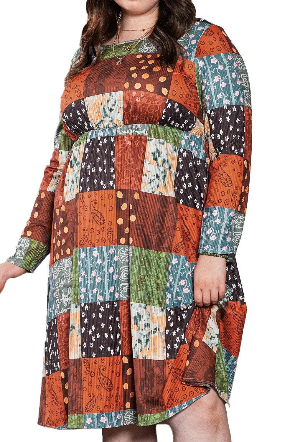 Plus Size/Plus Size Dresses/Plus Size Maxi Dresses Green Printed Multicolor Western Checkered Plus Size Swing Dress