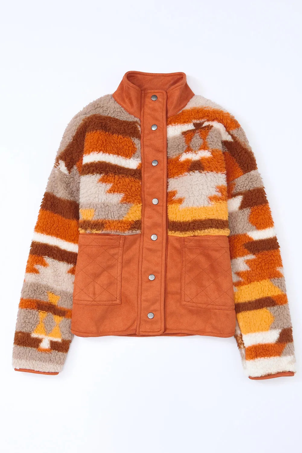 Brown Quilted Patch Pockets Aztec Furry Jacket - Chic Meadow Boutique 