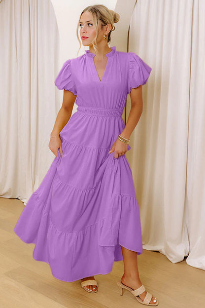 Lavendula Solid Color V Neck Short Puff Sleeve High Waist Tiered Maxi Dress