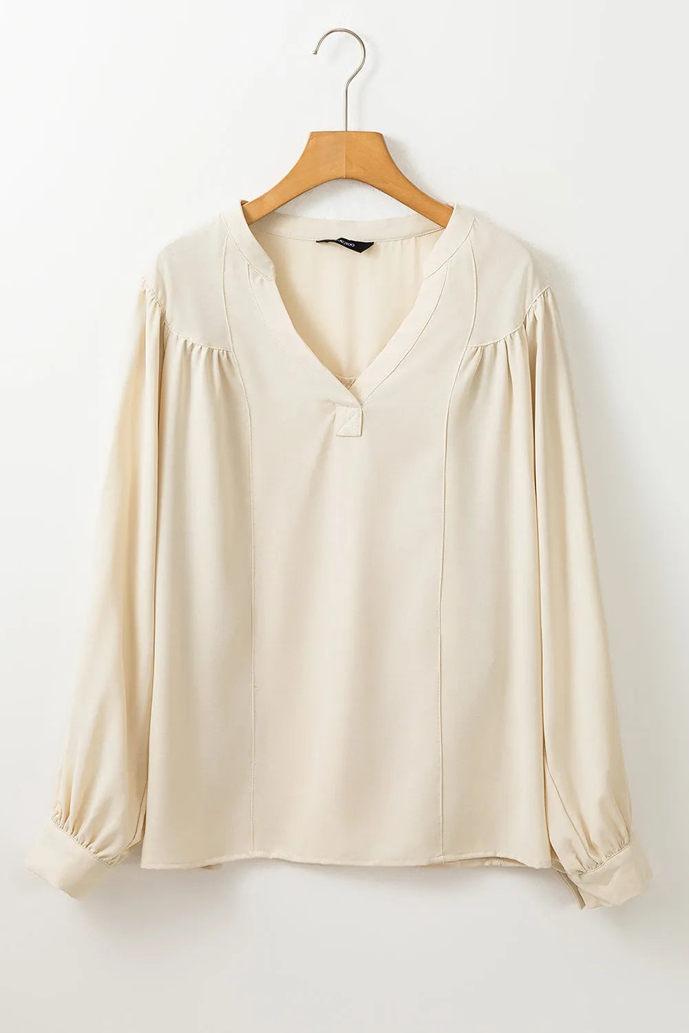 White Solid Color Lantern Sleeve Notched V Neck Blouse - Chic Meadow Boutique 