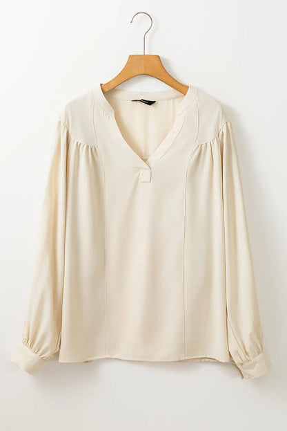 White Solid Color Lantern Sleeve Notched V Neck Blouse - Chic Meadow Boutique 