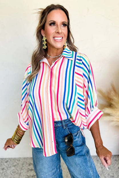 Pink Stripe 3/4 Sleeve Button Up Casual Shirt - Chic Meadow Boutique 