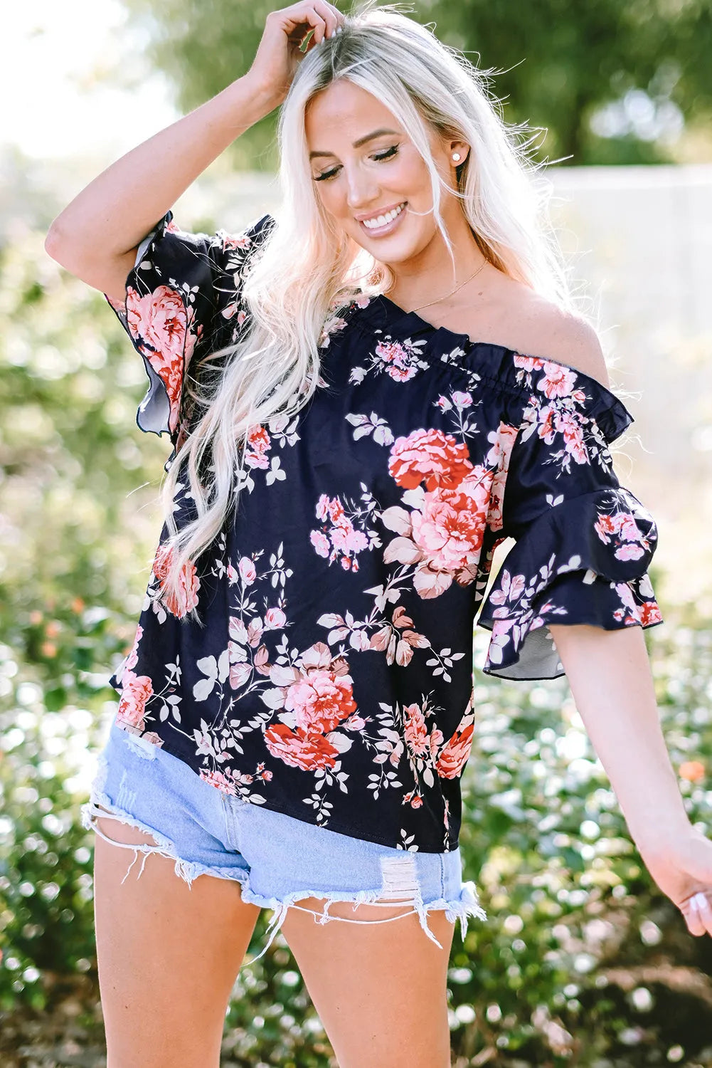 Blue Ruffle Off Shoulder Flounce Sleeve Floral Blouse - Chic Meadow Boutique 