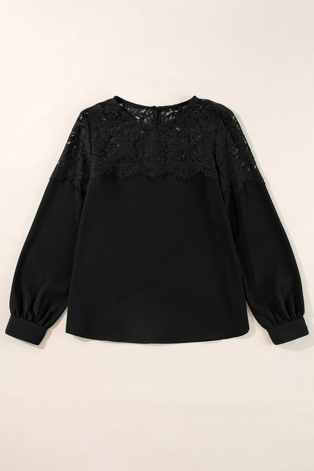 Black Lace Crochet Patchwork O Neck Long Sleeve Top - Chic Meadow Boutique 