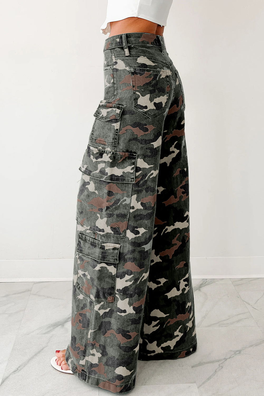 Green Camo Denim Cargo Wide Leg Pants