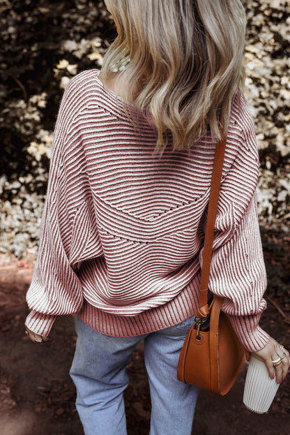 Red Dahlia Striped Print Ribbed Knit Boat Neck Baggy Sweater