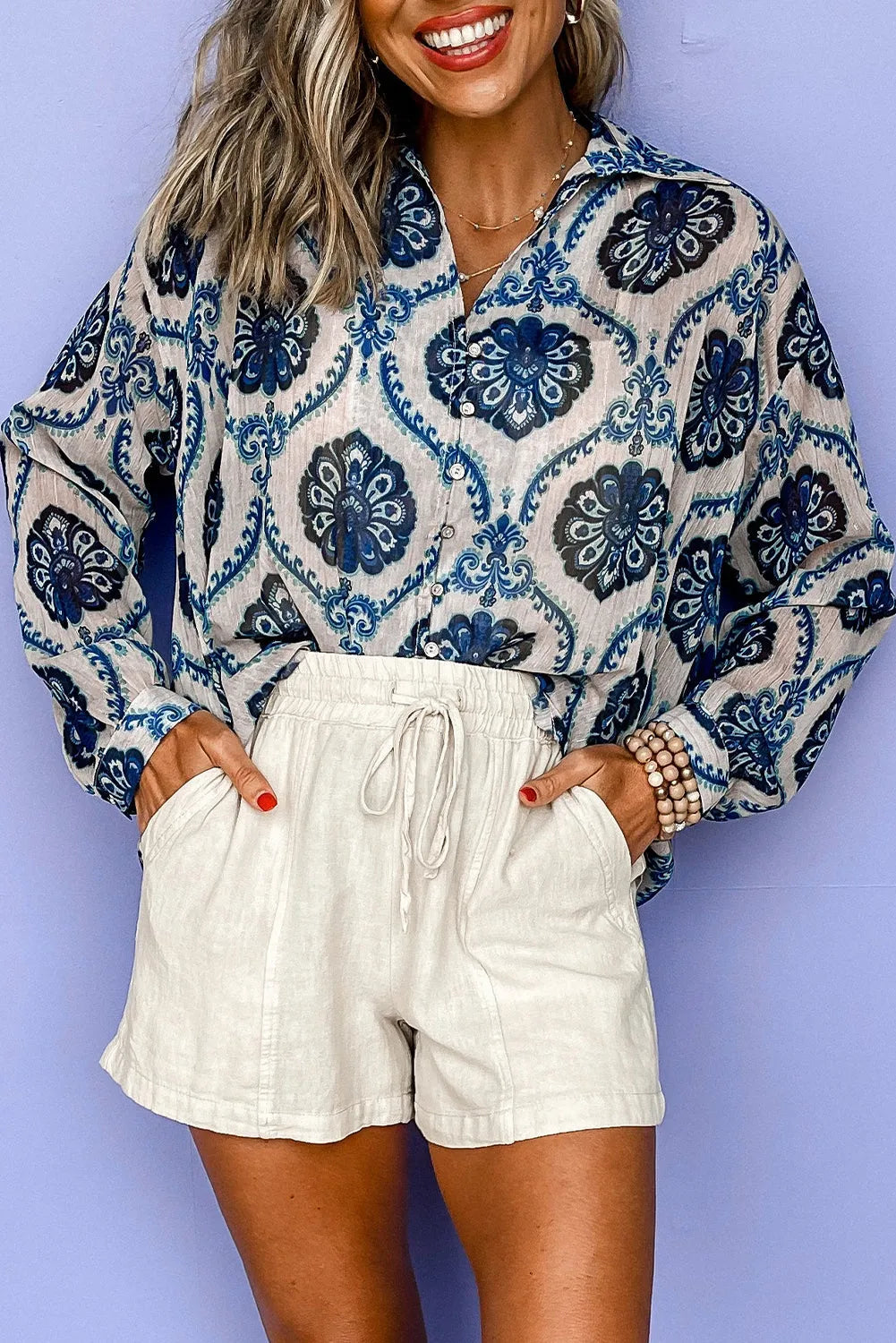 Blue Tribal Pattern Buttoned Front Loose Shirt - Chic Meadow Boutique 