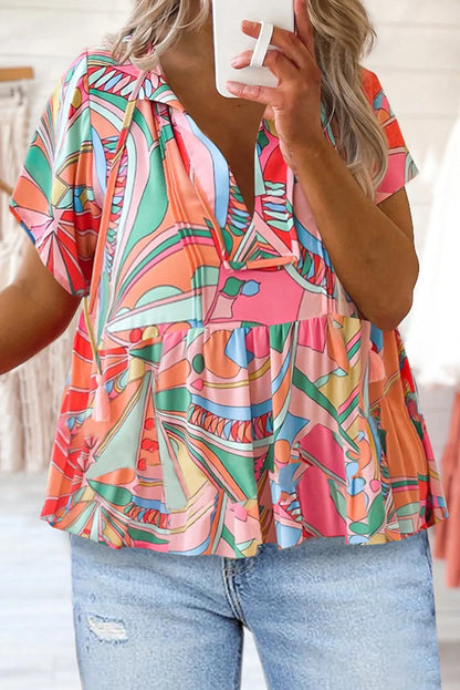 Multicolor Boho Abstract Pattern Split V Neck Flowy Blouse - Chic Meadow Boutique 