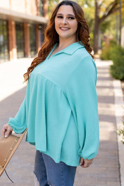 Plus Size/Plus Size Tops/Plus Size Long Sleeve Tops Turquoise Cordrd Balloon Sleeve Collar Plus Babydoll Top