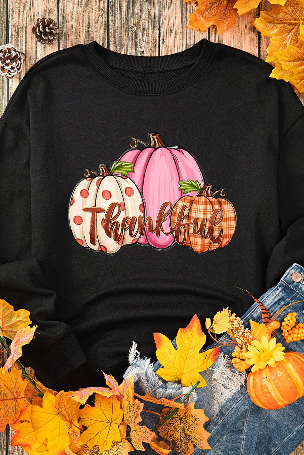 Black Pumpkin Thankful Drop Shoulder Thanksgiving Pullover Sweatshirt - Chic Meadow Boutique 