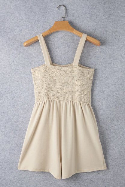 Beige Buttons Smocked Sleeveless Romper - Chic Meadow Boutique 