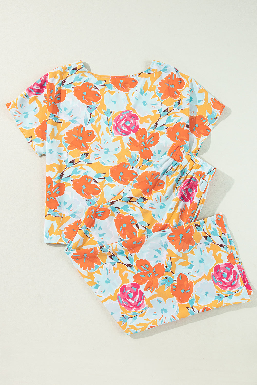 Orange Vibrant Floral Printed Short Sleeve Top 2 Piece Pants Set