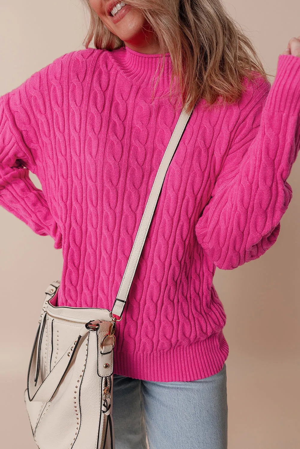 Rose Red Solid Cable Knit High Neck Drop Shoulder Sweater - Chic Meadow Boutique 