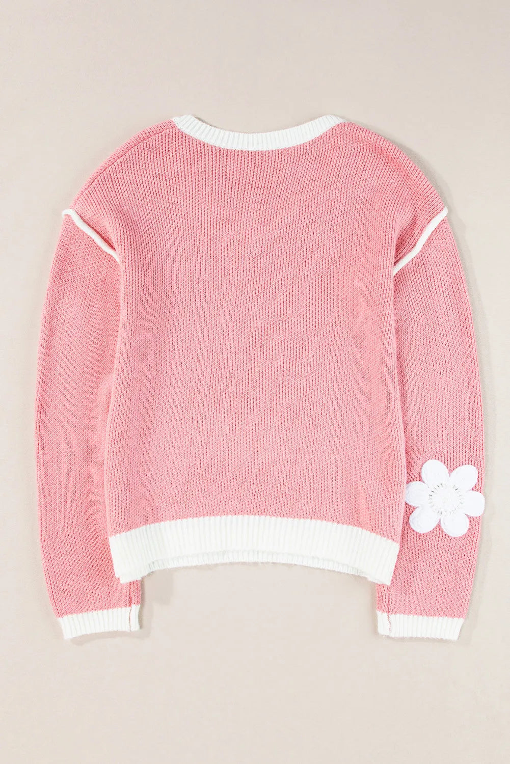 Pink Flower V Neck Dropped Shoulder Sweater - Chic Meadow Boutique 