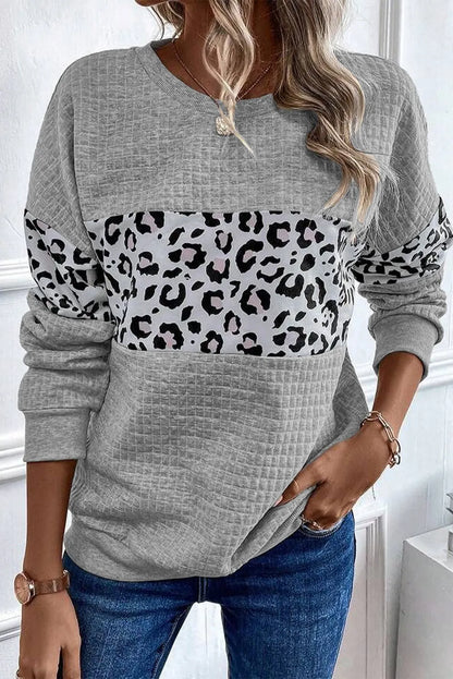 Gray Leopard Quilted Patchwork Crew Neck Sweatshirt - Chic Meadow Boutique 